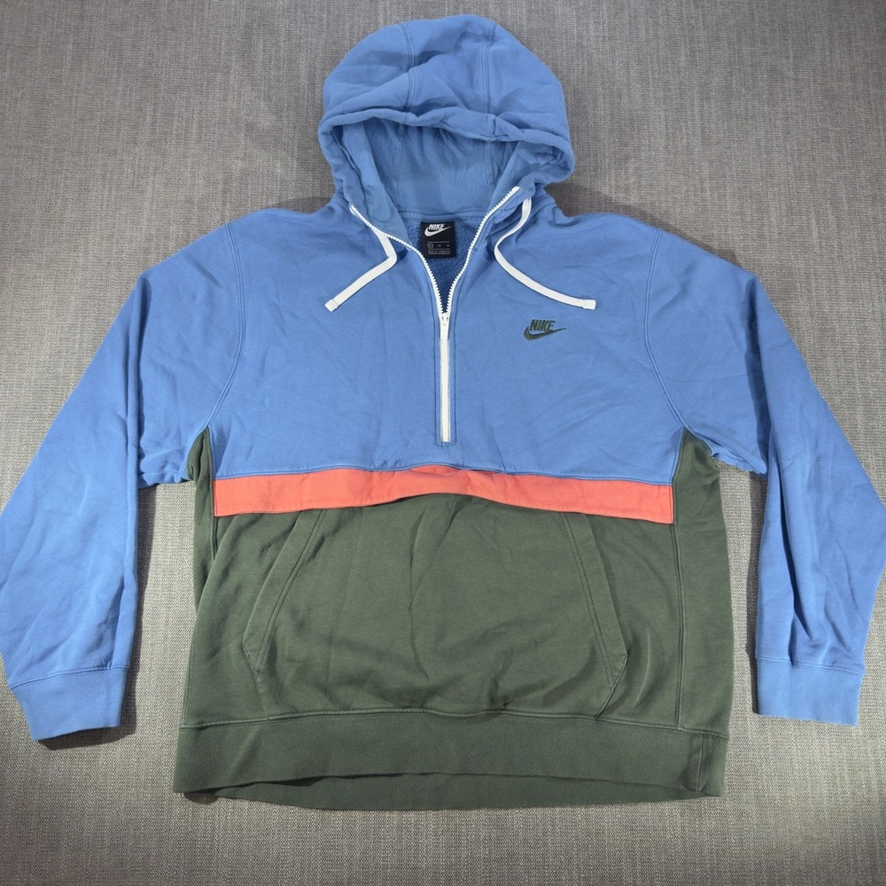 Nike Hoodie Mens XL Blue Colorblock Fleece 1/4 Zip Pullover Kangaroo Pocket